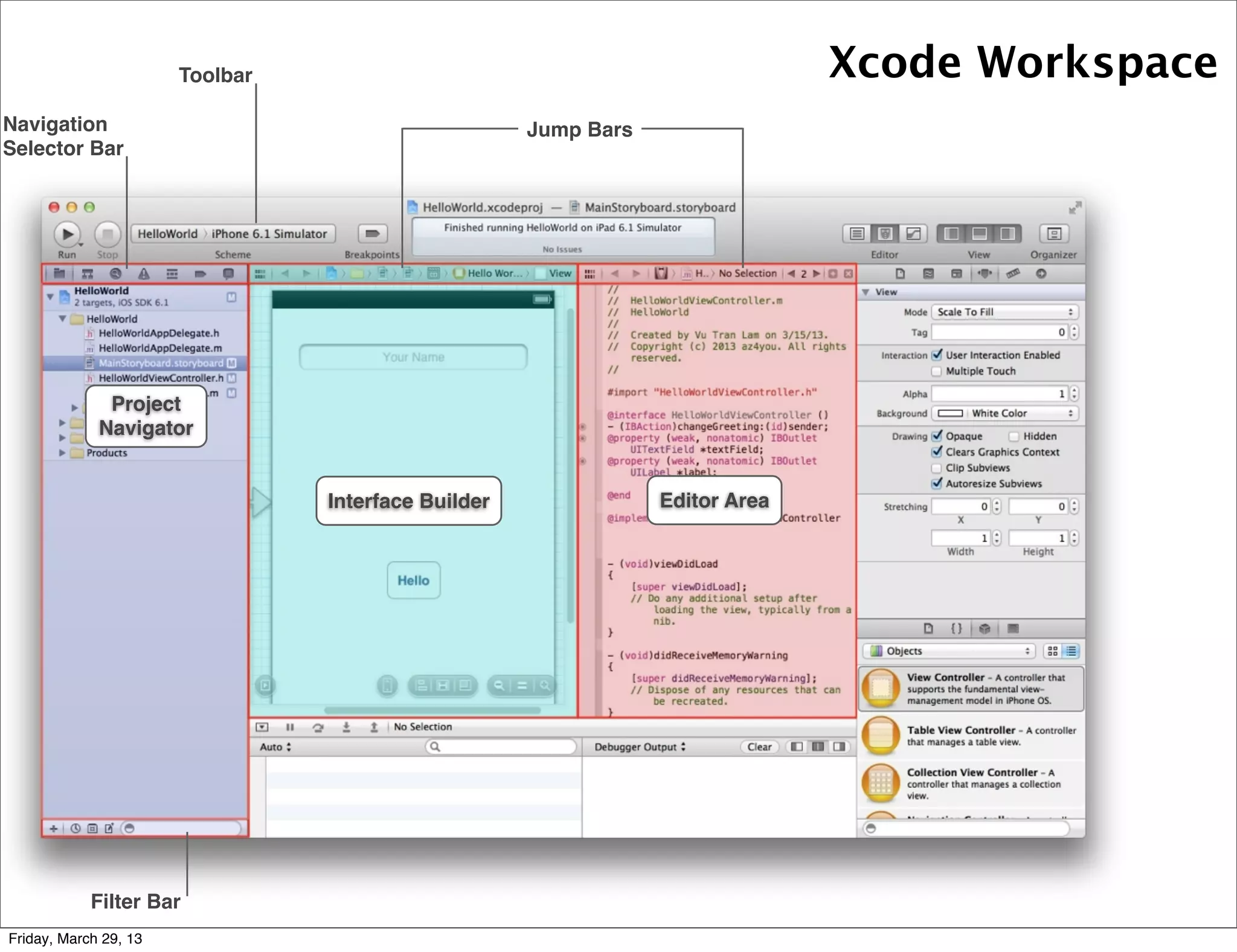 Toolbar
Navigation
Selector Bar
Jump Bars
Filter Bar
Interface Builder Editor Area
Project
Navigator
Xcode Workspace
Friday, March 29, 13
 