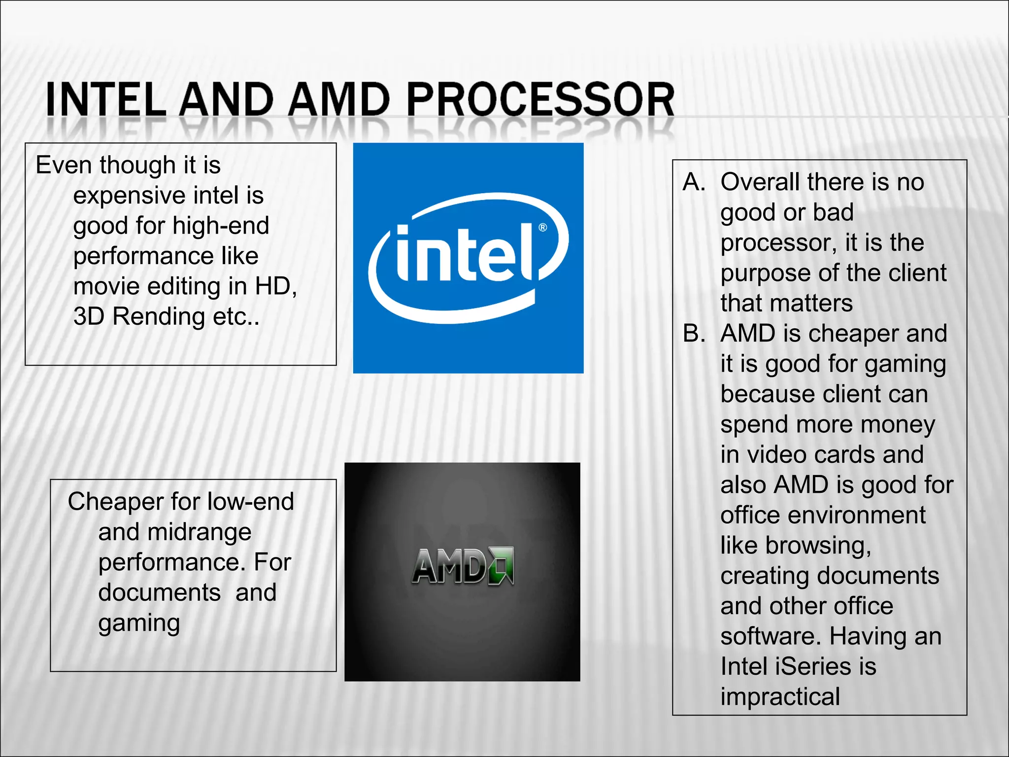 Even though it is 
expensive intel is 
good for high-end 
performance like 
movie editing in HD, 
3D Rending etc.. 
Cheaper for low-end 
and midrange 
performance. For 
documents and 
gaming 
A. Overall there is no 
good or bad 
processor, it is the 
purpose of the client 
that matters 
B. AMD is cheaper and 
it is good for gaming 
because client can 
spend more money 
in video cards and 
also AMD is good for 
office environment 
like browsing, 
creating documents 
and other office 
software. Having an 
Intel iSeries is 
impractical 
 