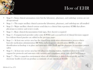 How of EHR
• Stage 0 – Some clinical automation exists but the laboratory, pharmacy, and radiology systems are not
all operational
• Stage 1 – The major ancillary clinical systems-the laboratory, pharmacy, and radiology-are all installed
• Stage 2 – Major ancillary clinical systems send data to a clinical data repository (CDR) that allows
physicians to retrieve and review results
• Stage 3 – Basic clinical documentation (vital signs, flow sheets) is required
• Stage 4 – Computerized provider order entry (CPOE) and a second level of clinical decision support
for evidence-based practice are added to the previous stages
• Stage 5 – At least one service area has the closed loop medication administration process where
barcode medication administration (BCMA), radio frequency identification (RFID), or other
identification technology is in place and integrated with CPOE and the pharmacy to maximize patient
safety
• Stage 6 – At least one service area has full physician documentation, third-level clinical decision
support for protocols and outcomes with variance and compliance alerts, and a full PACS system
• Stage 7 – This is a paperless environment where all information is shared electronically and the
electronic health record can produce a continuity of care document (CCD)
(Hebda & Czar, 277)
 