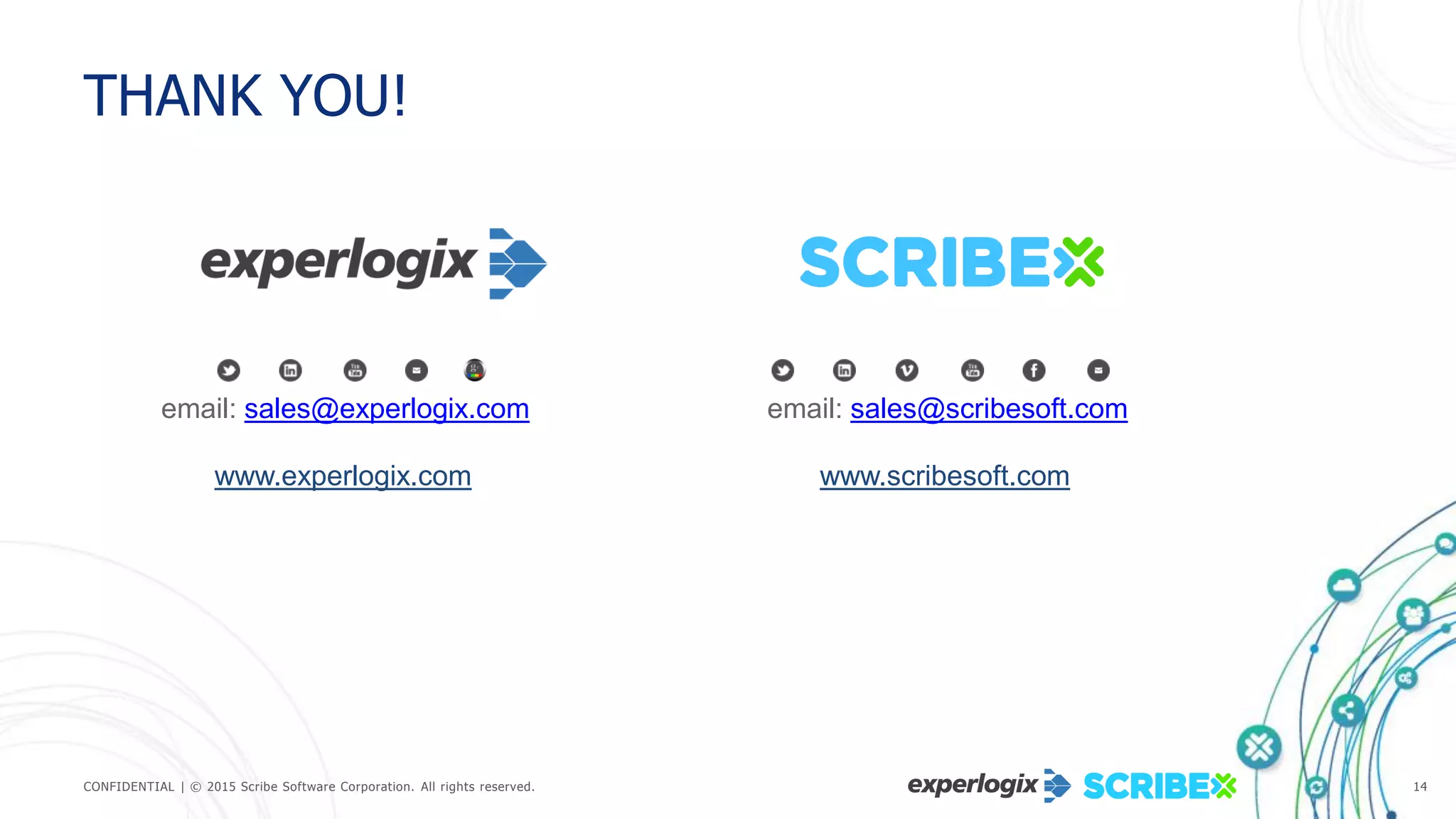 CONFIDENTIAL | © 2015 Scribe Software Corporation. All rights reserved. 14
THANK YOU!
email: sales@scribesoft.com
www.scribesoft.com
email: sales@experlogix.com
www.experlogix.com
 