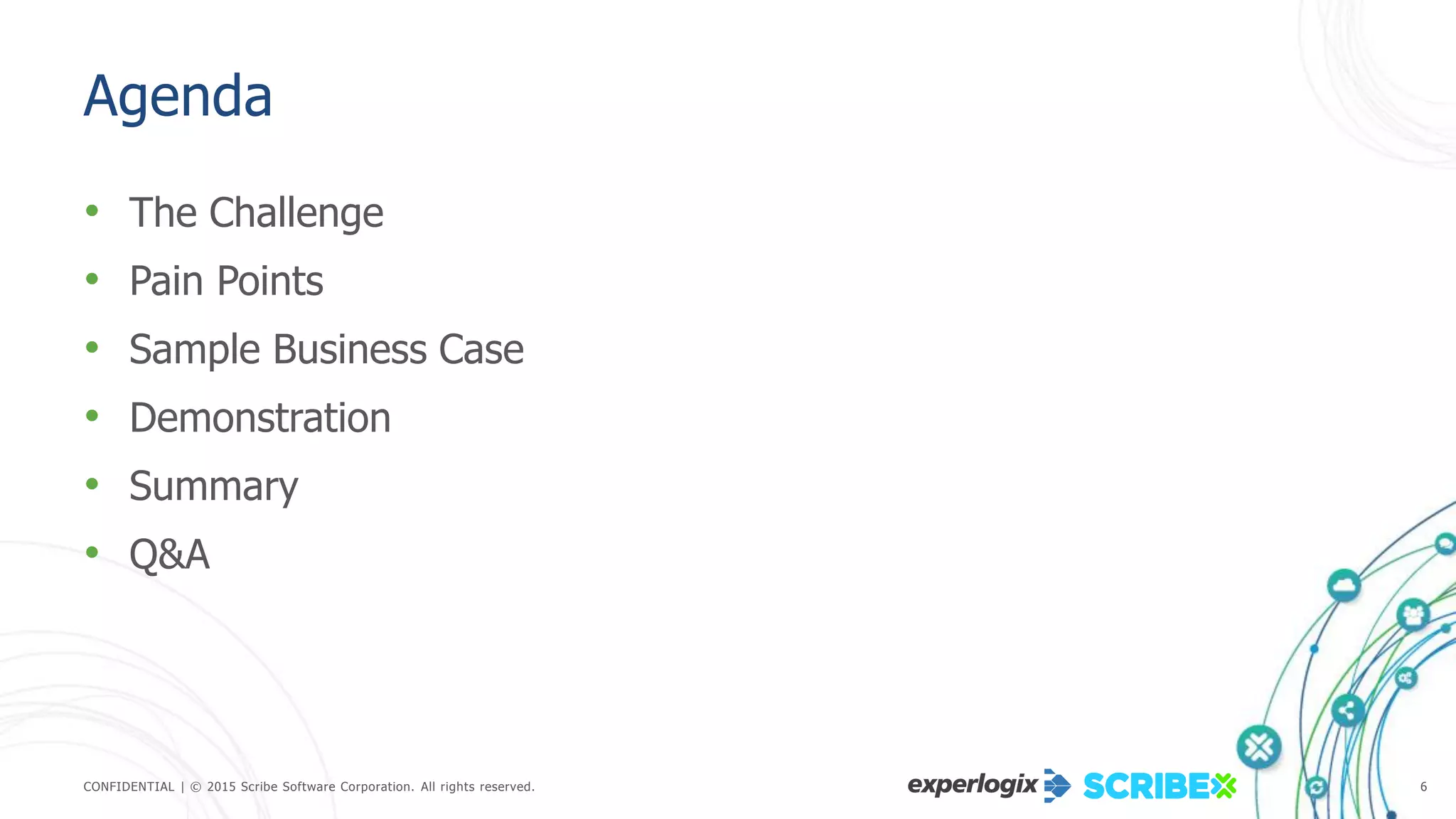 CONFIDENTIAL | © 2015 Scribe Software Corporation. All rights reserved. 6
Agenda
• The Challenge
• Pain Points
• Sample Business Case
• Demonstration
• Summary
• Q&A
 