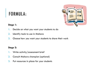 FORMULA: 
Stage 1: 
1.Decide on what you want your students to do 
2.Identify tools to use in Mahara 
3.Choose how you want your students to share their work 
Stage 2: 
1.Write activity/assessment brief 
2.Consult Maharachampion (optional) 
3.Put resources in place for your students  