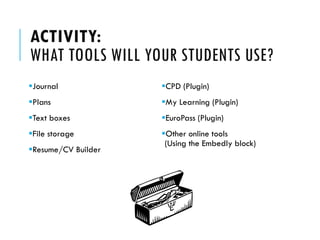 ACTIVITY: WHAT TOOLS WILL YOUR STUDENTS USE? 
Journal 
Plans 
Text boxes 
File storage 
Resume/CV Builder 
CPD (Plugin) 
My Learning (Plugin) 
EuroPass(Plugin) 
Other online tools (Using the Embedlyblock)  