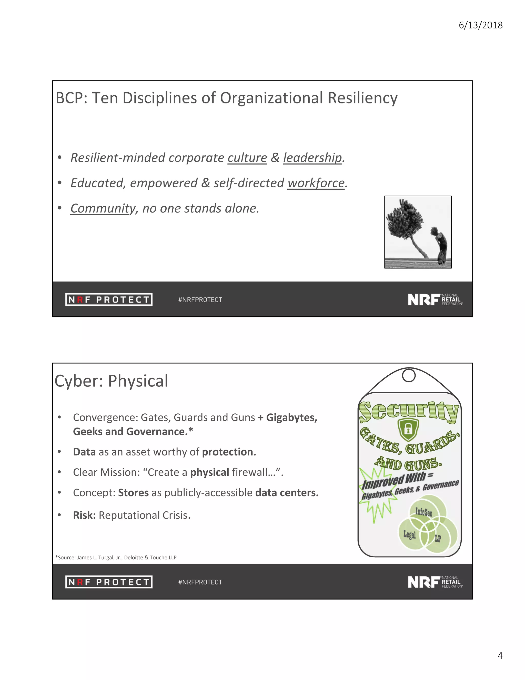 6/13/2018
4
BCP: Ten Disciplines of Organizational Resiliency
• Resilient-minded corporate culture & leadership.
• Educated, empowered & self-directed workforce.
• Community, no one stands alone.
Cyber: Physical
• Convergence: Gates, Guards and Guns + Gigabytes,
Geeks and Governance.*
• Data as an asset worthy of protection.
• Clear Mission: “Create a physical firewall…”.
• Concept: Stores as publicly-accessible data centers.
• Risk: Reputational Crisis.
*Source: James L. Turgal, Jr., Deloitte & Touche LLP
 