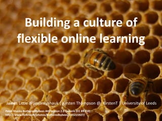 Building a culture of
flexible online learning
James Little @jimjamyahauk | Kirsten Thompson @_KirstenT | University of Leeds
Peter Shanks BotheredByBees Attribution 2.0 Generic (CC BY 2.0)
http://www.flickr.com/photos/botheredbybees/245215927/
 