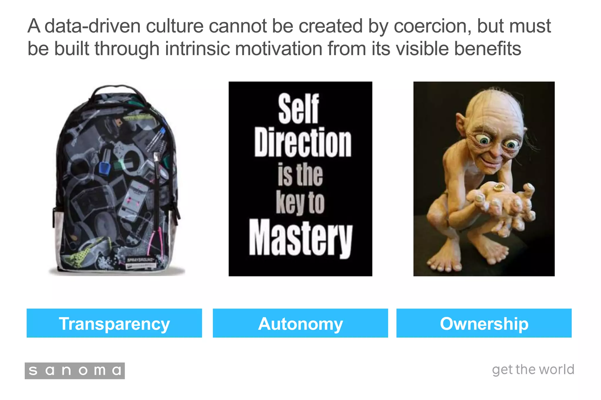A data-driven culture cannot be created by coercion, but must
be built through intrinsic motivation from its visible benefits
Transparency Autonomy Ownership
 