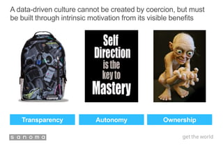 A data-driven culture cannot be created by coercion, but must
be built through intrinsic motivation from its visible benefits
Transparency Autonomy Ownership
 