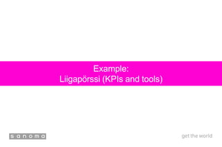 Example:
Liigapörssi (KPIs and tools)
 