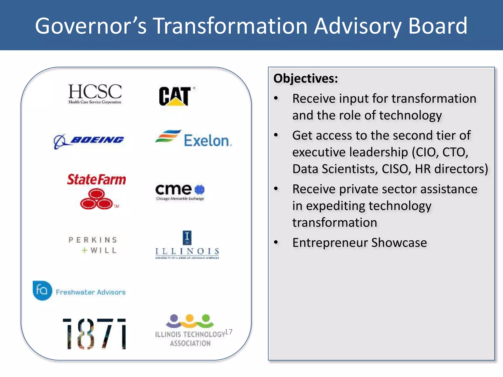 Governor’s Transformation Advisory Board
Objectives:
• Receive input for transformation
and the role of technology
• Get access to the second tier of
executive leadership (CIO, CTO,
Data Scientists, CISO, HR directors)
• Receive private sector assistance
in expediting technology
transformation
• Entrepreneur Showcase
17
 