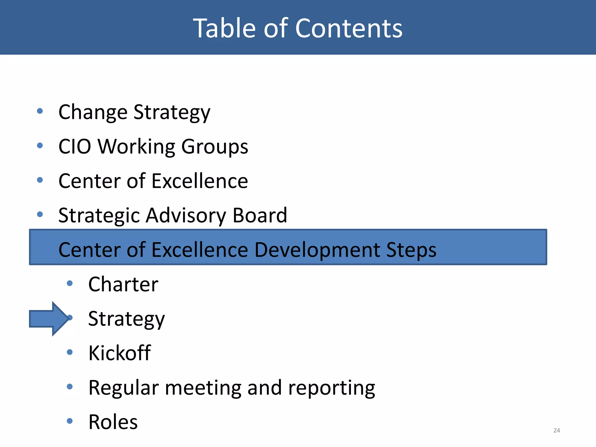 • Change Strategy
• CIO Working Groups
• Center of Excellence
• Strategic Advisory Board
• Center of Excellence Development Steps
• Charter
• Strategy
• Kickoff
• Regular meeting and reporting
• Roles 24
Table of Contents
 