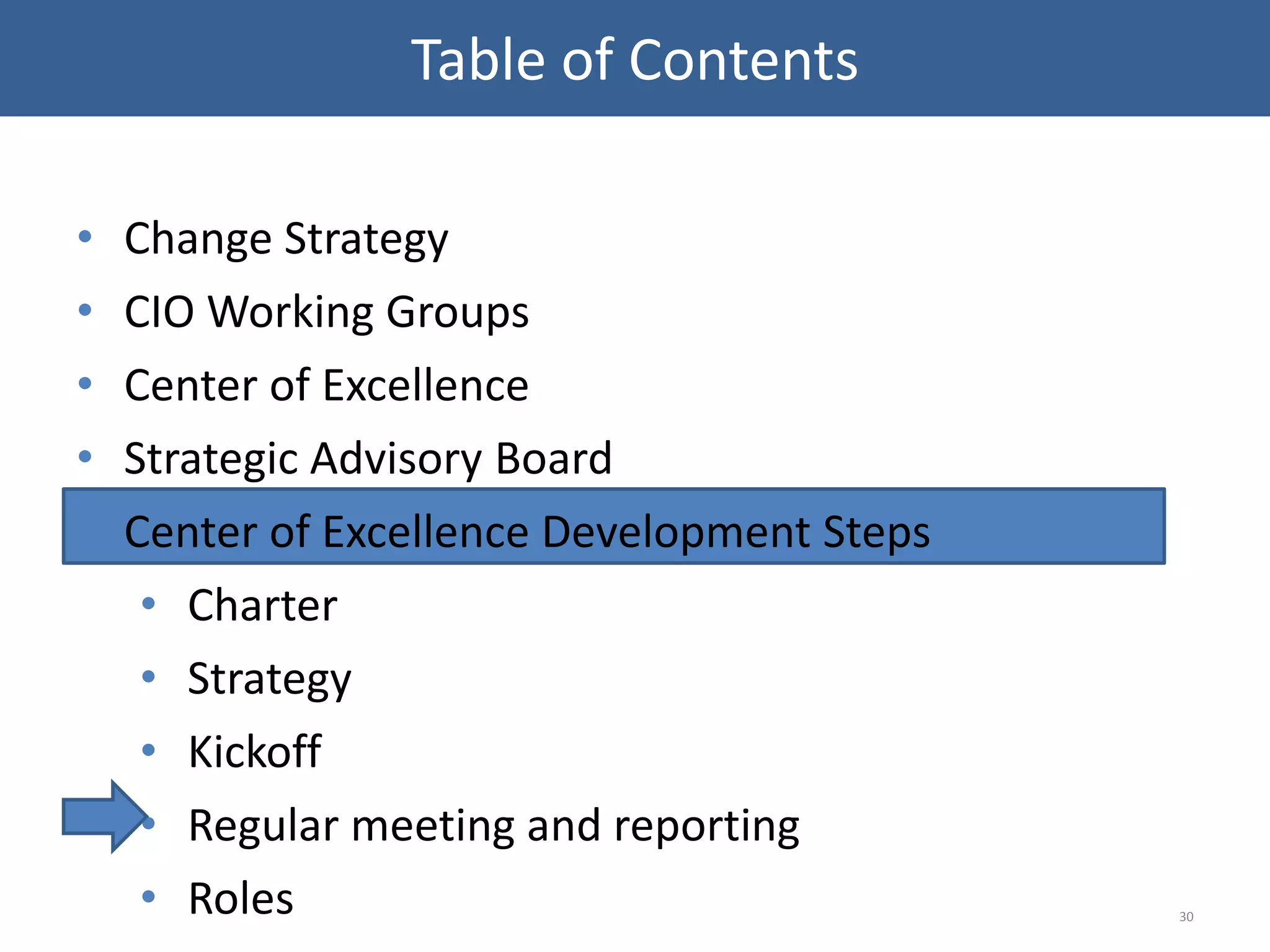 • Change Strategy
• CIO Working Groups
• Center of Excellence
• Strategic Advisory Board
• Center of Excellence Development Steps
• Charter
• Strategy
• Kickoff
• Regular meeting and reporting
• Roles 30
Table of Contents
 