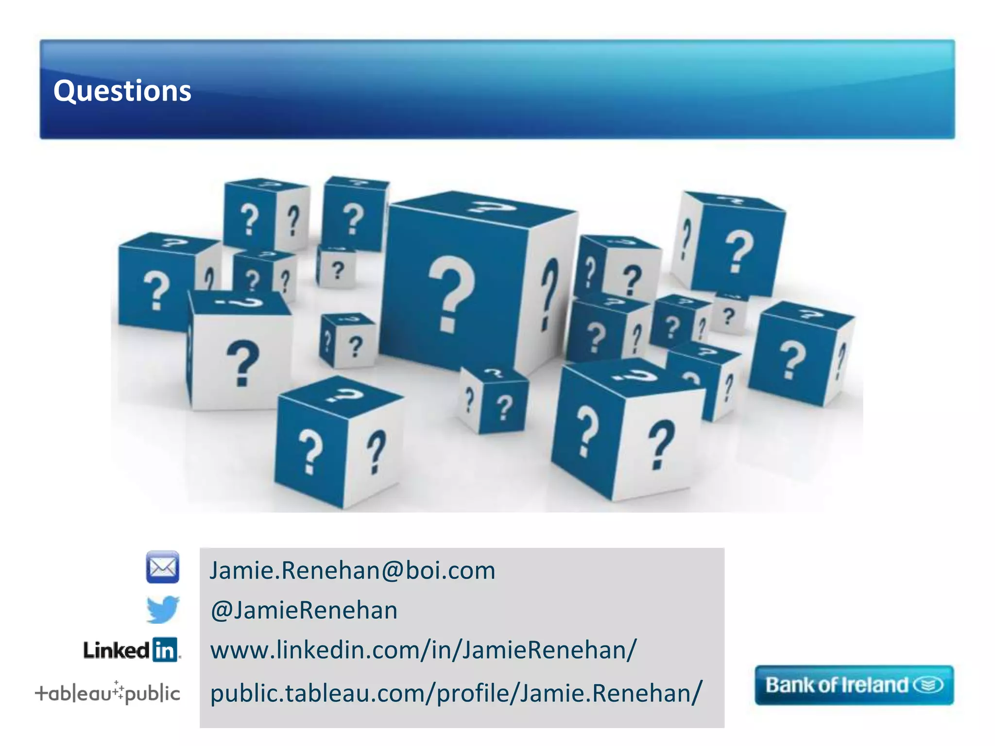 Questions
Jamie.Renehan@boi.com
@JamieRenehan
www.linkedin.com/in/JamieRenehan/
public.tableau.com/profile/Jamie.Renehan/
 