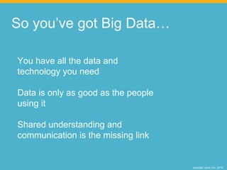 copyright Juice, Inc. 2016
So you’ve got Big Data…
You have all the data and
technology you need
Data is only as good as the people
using it
Shared understanding and
communication is the missing link
 