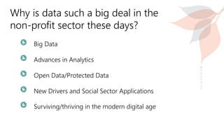 Why is data such a big deal in the
non-profit sector these days?
Big Data
Advances in Analytics
Open Data/Protected Data
New Drivers and Social Sector Applications
Surviving/thriving in the modern digital age
 