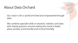 About Data Orchard
Our vision is for a world enriched and empowered through
data.
We combine specialist skills in research, statistics and data
with shared passions around making the world a better
place socially, economically and environmentally.
 