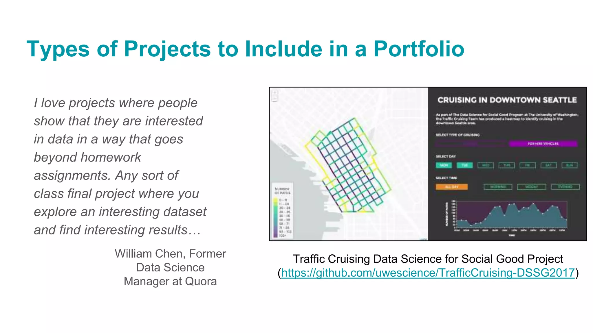 Types of Projects to Include in a Portfolio
I love projects where people
show that they are interested
in data in a way that goes
beyond homework
assignments. Any sort of
class final project where you
explore an interesting dataset
and find interesting results…
William Chen, Former
Data Science
Manager at Quora
Traffic Cruising Data Science for Social Good Project
(https://github.com/uwescience/TrafficCruising-DSSG2017)
 