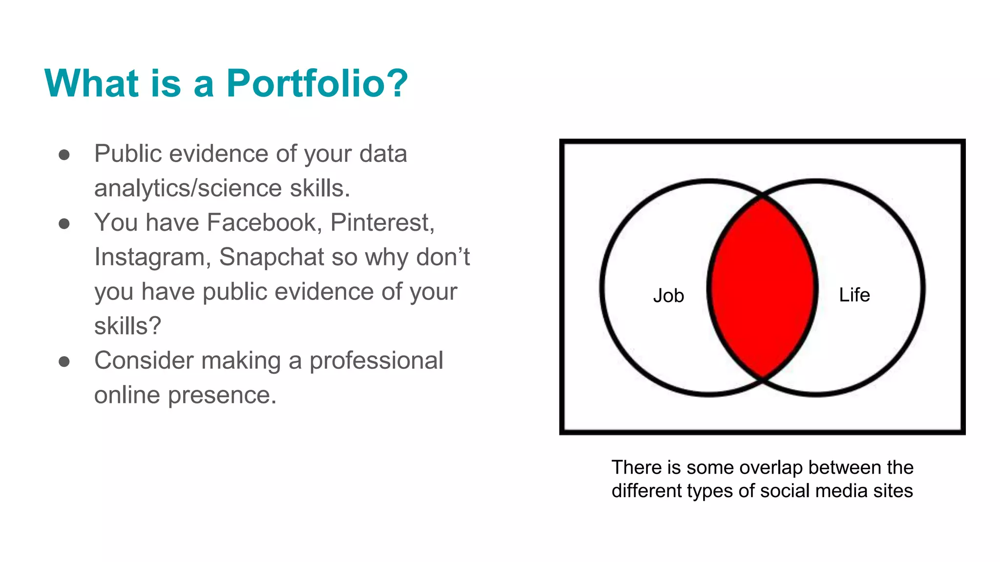 What is a Portfolio?
● Public evidence of your data
analytics/science skills.
● You have Facebook, Pinterest,
Instagram, Snapchat so why don’t
you have public evidence of your
skills?
● Consider making a professional
online presence.
Job Life
There is some overlap between the
different types of social media sites
 