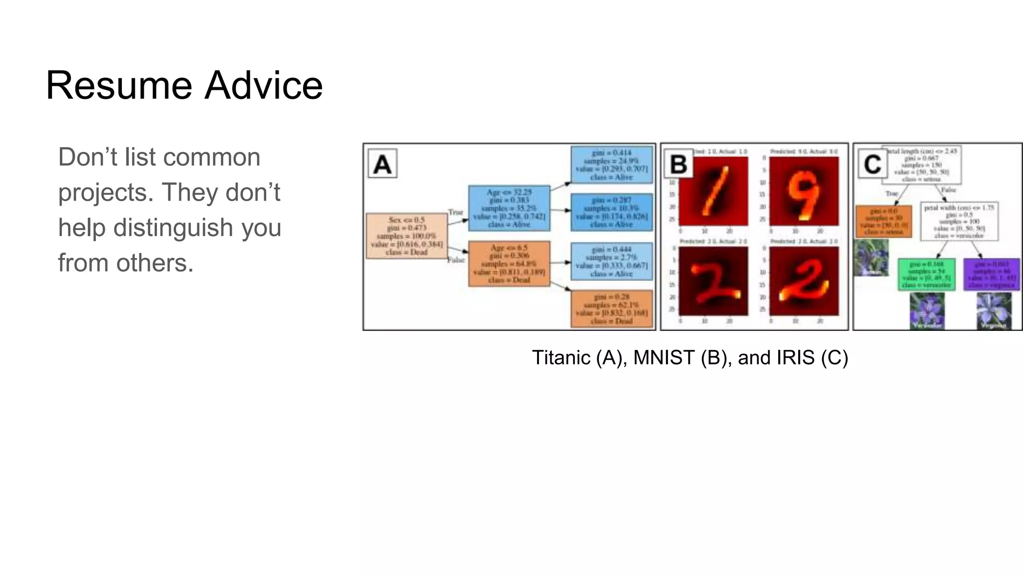 Resume Advice
Don’t list common
projects. They don’t
help distinguish you
from others.
Titanic (A), MNIST (B), and IRIS (C)
 