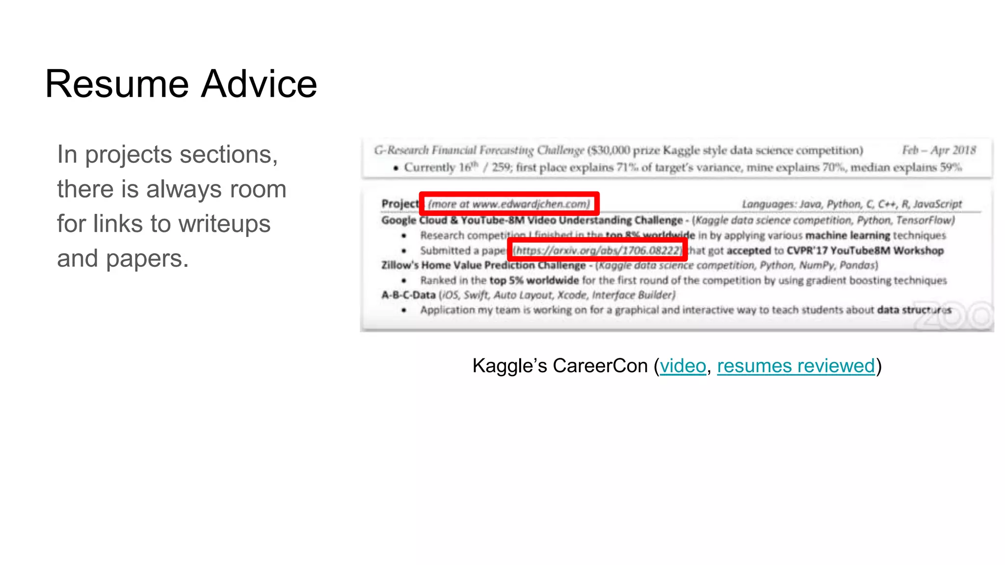 Resume Advice
In projects sections,
there is always room
for links to writeups
and papers.
Kaggle’s CareerCon (video, resumes reviewed)
 