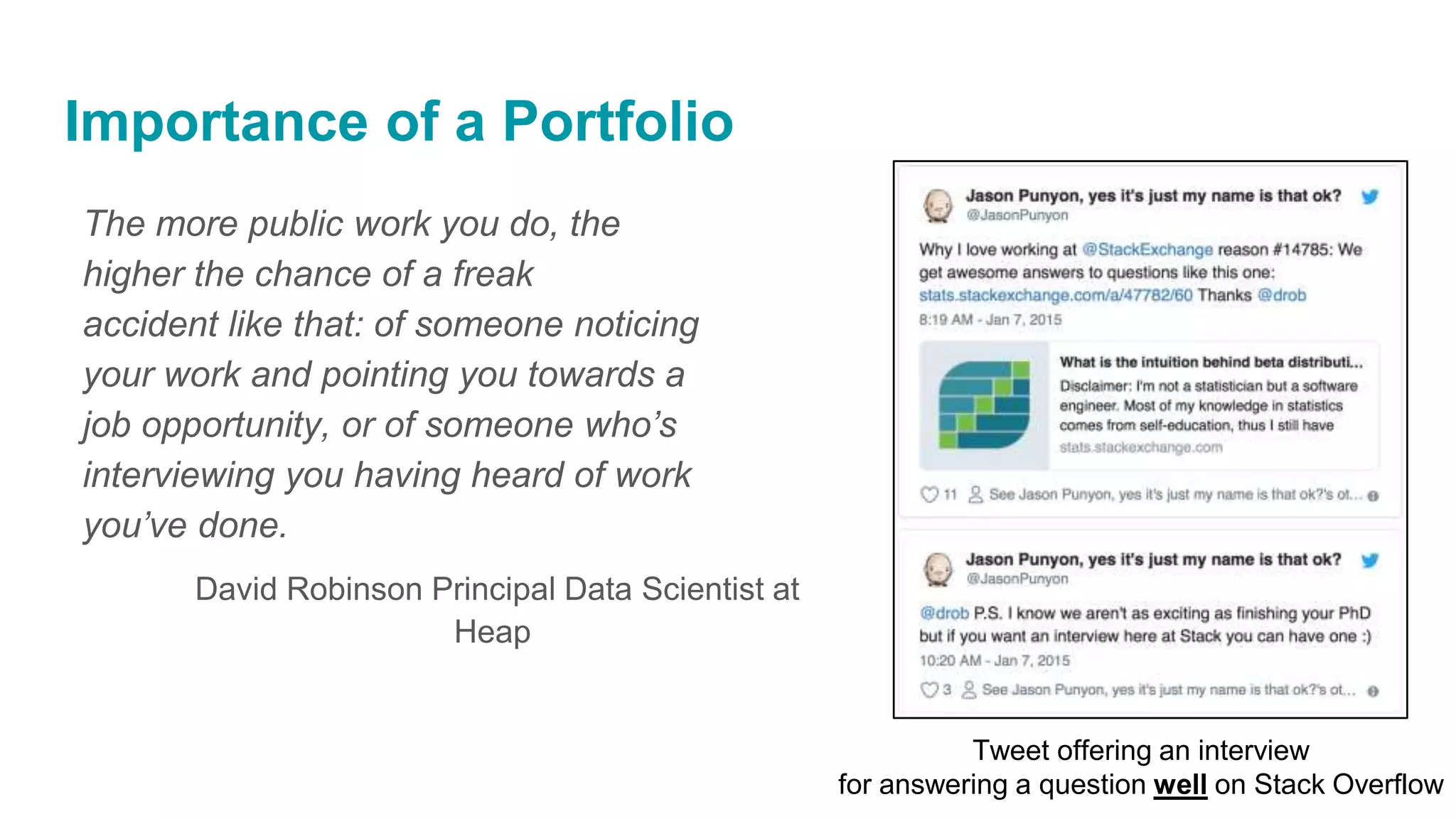 Importance of a Portfolio
The more public work you do, the
higher the chance of a freak
accident like that: of someone noticing
your work and pointing you towards a
job opportunity, or of someone who’s
interviewing you having heard of work
you’ve done.
Tweet offering an interview
for answering a question well on Stack Overflow
David Robinson Principal Data Scientist at
Heap
 