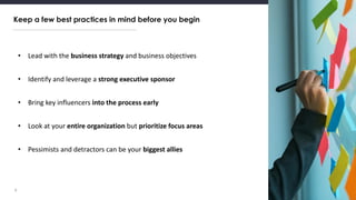 Keep a few best practices in mind before you begin
9
• Lead with the business strategy and business objectives
• Identify and leverage a strong executive sponsor
• Bring key influencers into the process early
• Look at your entire organization but prioritize focus areas
• Pessimists and detractors can be your biggest allies
 