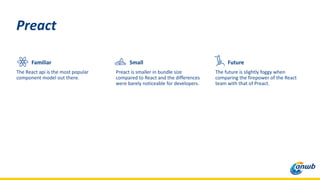 Familiar
The React api is the most popular
component model out there.
Preact
Small
Preact is smaller in bundle size
compared to React and the differences
were barely noticeable for developers.
Future
The future is slightly foggy when
comparing the firepower of the React
team with that of Preact.
 