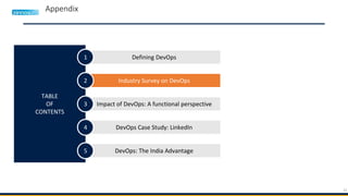 22
TABLE
OF
CONTENTS
Defining DevOps1
Industry Survey on DevOps2
Impact of DevOps: A functional perspective3
DevOps Case Study: LinkedIn4
DevOps: The India Advantage5
Appendix
 