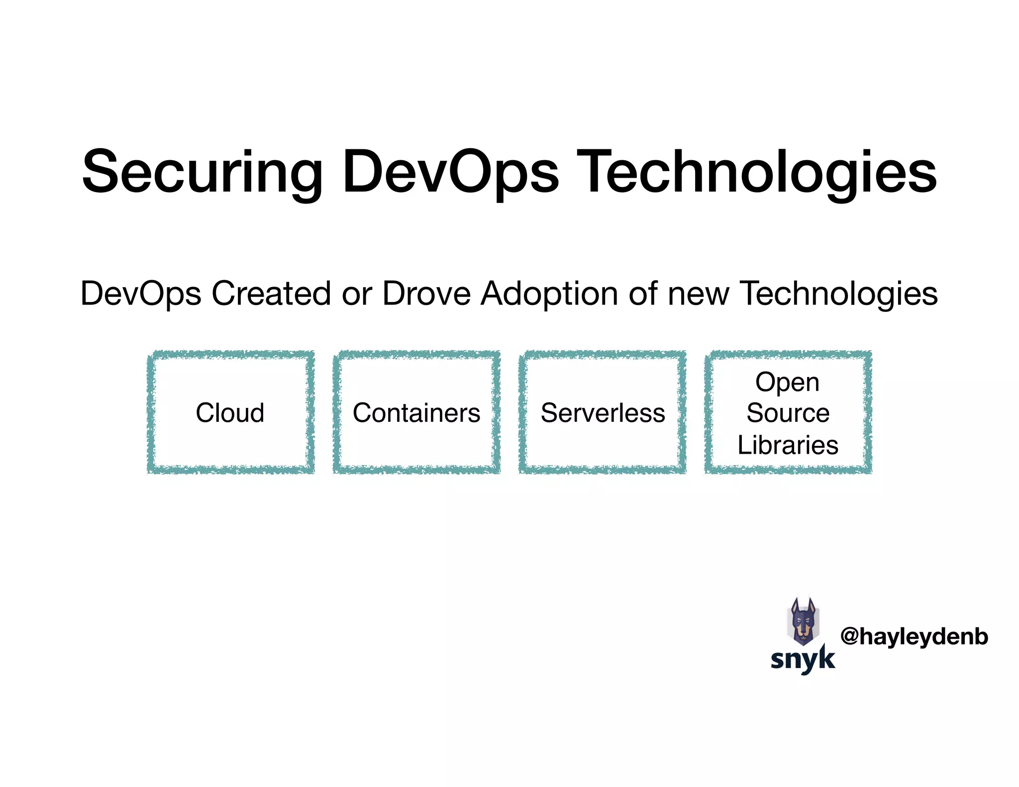 Securing DevOps Technologies
DevOps Created or Drove Adoption of new Technologies
Cloud Containers Serverless
Open
Source
Libraries
@hayleydenb
 