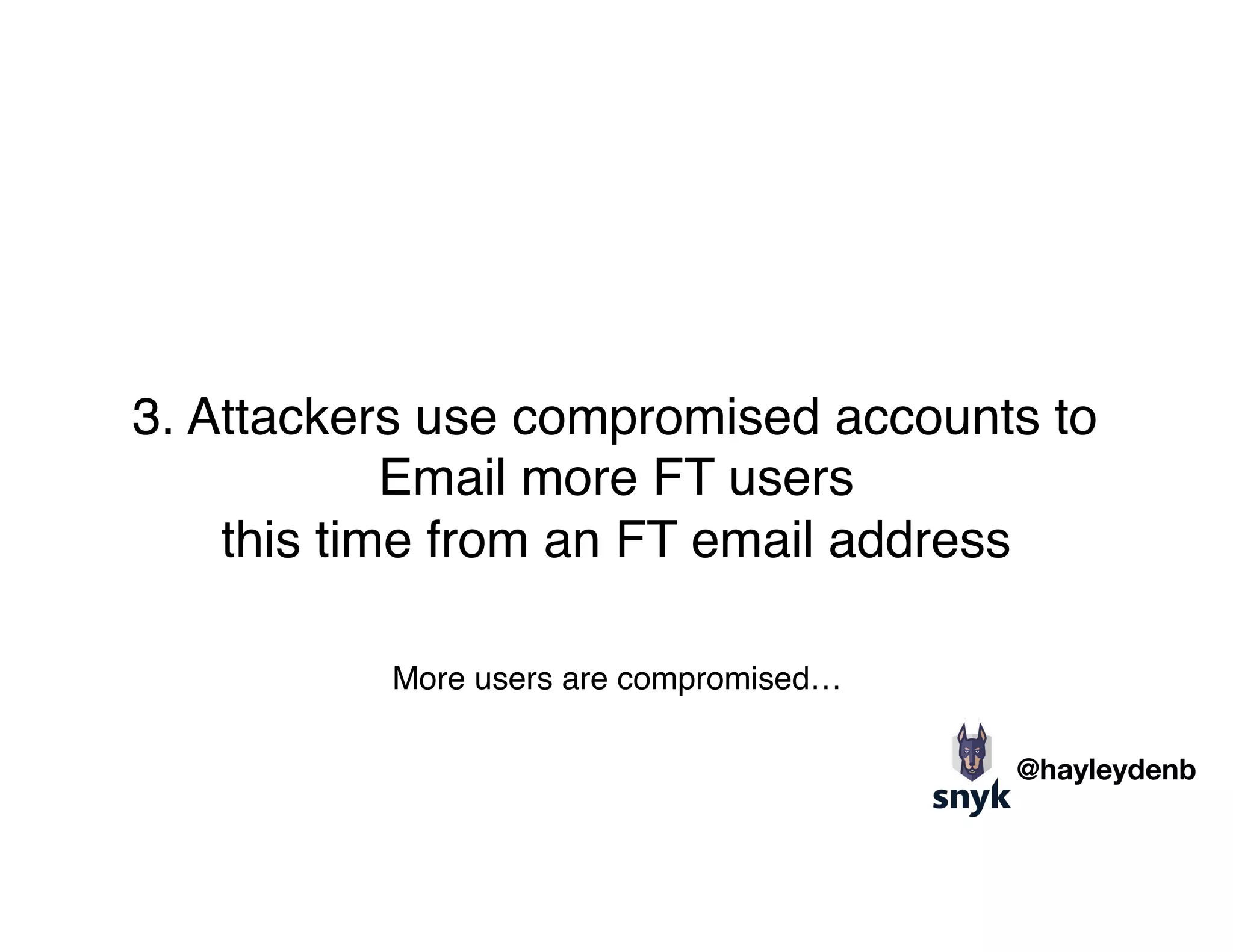 3. Attackers use compromised accounts to  
Email more FT users 
this time from an FT email address
More users are compromised…
@hayleydenb
 