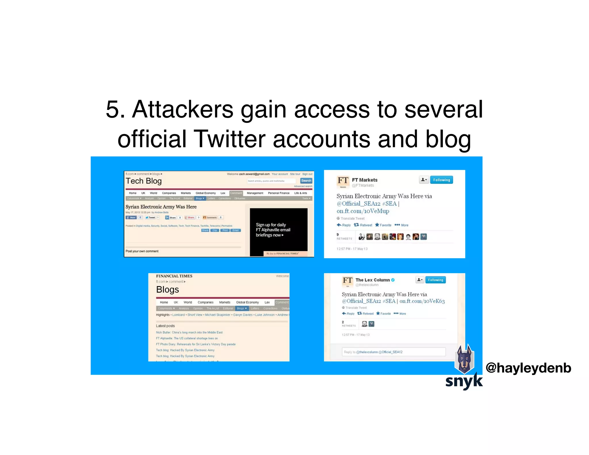 5. Attackers gain access to several 
ofﬁcial Twitter accounts and blog
@hayleydenb
 