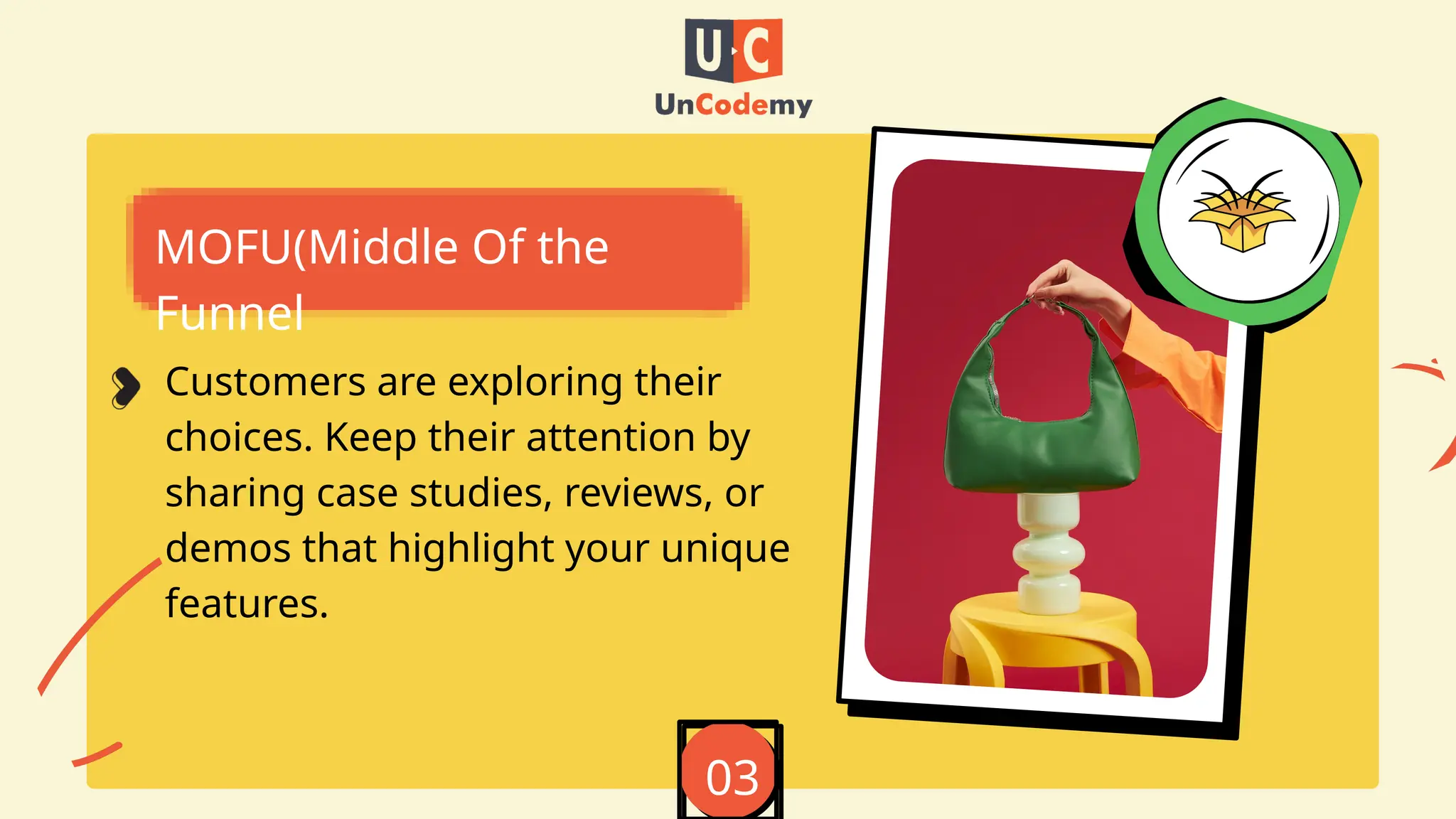 MOFU(Middle Of the
Funnel
Customers are exploring their
choices. Keep their attention by
sharing case studies, reviews, or
demos that highlight your unique
features.
03
 