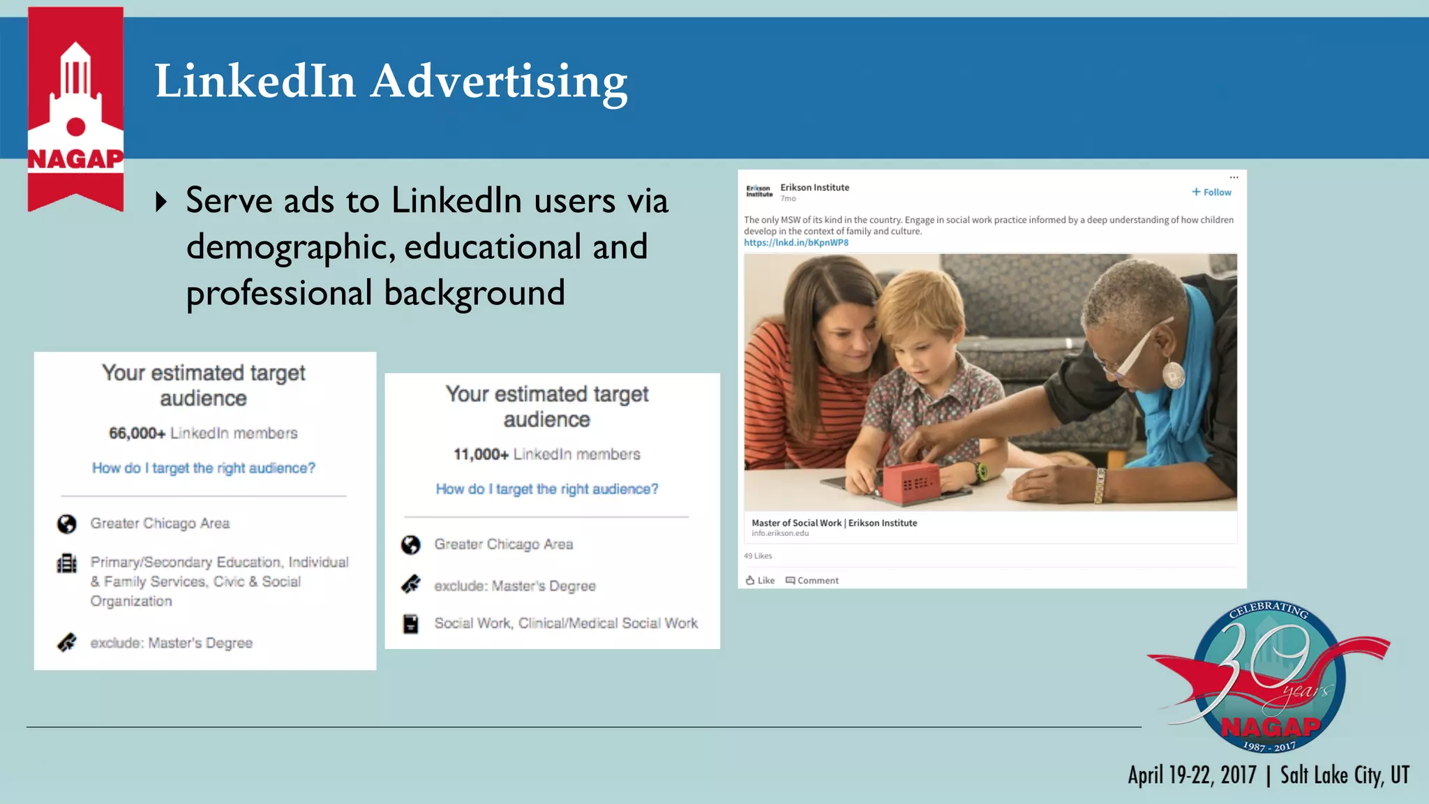 LinkedIn Advertising
} Serve ads to LinkedIn users via
demographic, educational and
professional background
 