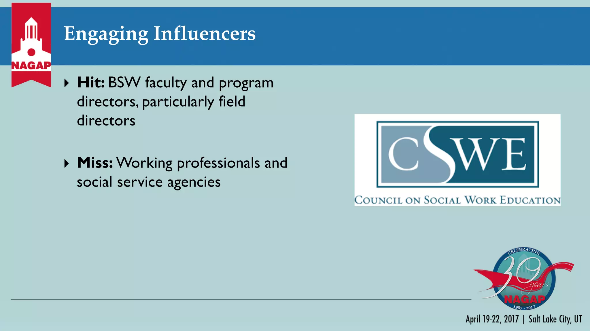 Engaging Influencers
} Hit: BSW faculty and program
directors, particularly field
directors
} Miss: Working professionals and
social service agencies
 
