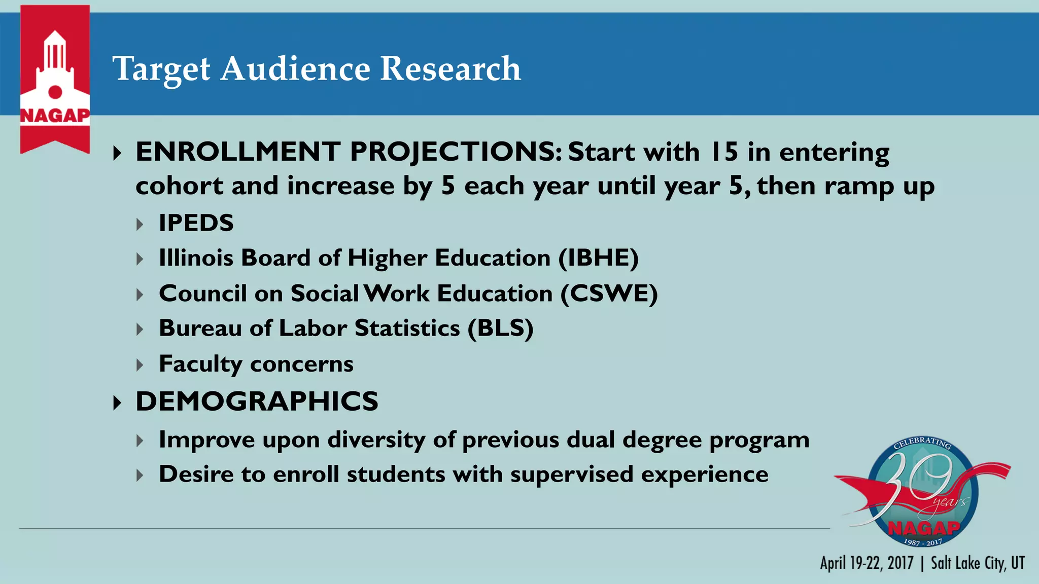 Target Audience Research
} ENROLLMENT PROJECTIONS: Start with 15 in entering
cohort and increase by 5 each year until year 5, then ramp up
} IPEDS
} Illinois Board of Higher Education (IBHE)
} Council on Social Work Education (CSWE)
} Bureau of Labor Statistics (BLS)
} Faculty concerns
} DEMOGRAPHICS
} Improve upon diversity of previous dual degree program
} Desire to enroll students with supervised experience
 