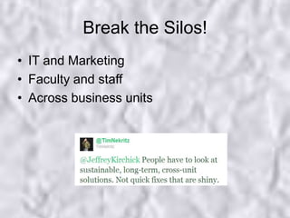 Content StrategyAudit -  Go be that politician across campusAssess  -  Asset type and channelPrioritize -  Strategy and goalsBuild -  6 month planDevelopCreative production, curation and re-imaginationLESSON LEARNED:There’s more content on your campus than you can ever imagine … or re-imagine!After 3 months, check in and start audit cycle again