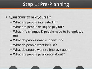 Step 1: Pre-Planning
• Questions to ask yourself
– What are people interested in?
– What are people willing to pay for?
– What info changes & people need to be updated
on?
– What do people need support for?
– What do people want help in?
– What do people want to improve upon
– What are people passionate about?
 