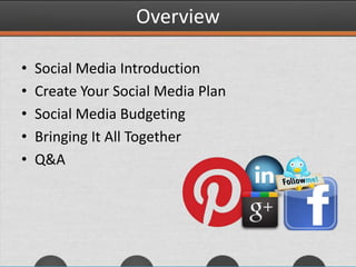 Overview
• Social Media Introduction
• Create Your Social Media Plan
• Social Media Budgeting
• Bringing It All Together
• Q&A
 