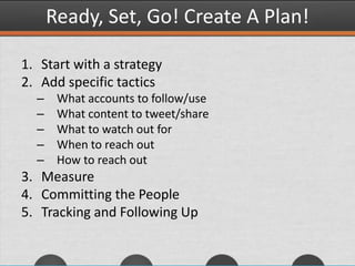 Ready, Set, Go! Create A Plan!
1. Start with a strategy
2. Add specific tactics
– What accounts to follow/use
– What content to tweet/share
– What to watch out for
– When to reach out
– How to reach out
3. Measure
4. Committing the People
5. Tracking and Following Up
 