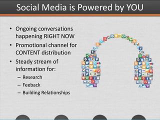 Social Media is Powered by YOU
• Ongoing conversations
happening RIGHT NOW
• Promotional channel for
CONTENT distribution
• Steady stream of
information for:
– Research
– Feeback
– Building Relationships
 