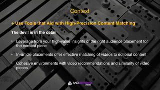 + Use Tools that Aid with High-Precision Content Matching
The devil is in the detail
• Leverage from your high-value insights of the right audience placement for
the content piece
• In-article placements offer effective matching of videos to editorial content
• Cohesive environments with video recommendations and similarity of video
pieces
Context
 