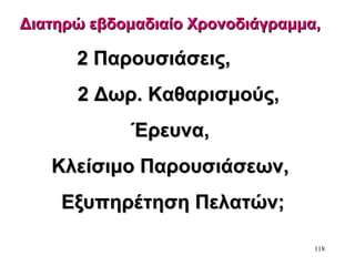 118
Διατηρώ εβδομαδιαίο Χρονοδιάγραμμα,Διατηρώ εβδομαδιαίο Χρονοδιάγραμμα,
2 Παρουσιάσεις,2 Παρουσιάσεις,
2 Δωρ. Καθαρισμούς,2 Δωρ. Καθαρισμούς,
Έρευνα,Έρευνα,
Κλείσιμο Παρουσιάσεων,Κλείσιμο Παρουσιάσεων,
Εξυπηρέτηση Πελατών;Εξυπηρέτηση Πελατών;
 