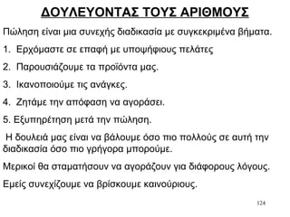 124
ΔΟΥΛΕΥΟΝΤΑΣ ΤΟΥΣ ΑΡΙΘΜΟΥΣ
Πώληση είναι μια συνεχής διαδικασία με συγκεκριμένα βήματα.
1. Ερχόμαστε σε επαφή με υποψήφιους πελάτες
2. Παρουσιάζουμε τα προϊόντα μας.
3. Ικανοποιούμε τις ανάγκες.
4. Ζητάμε την απόφαση να αγοράσει.
5. Εξυπηρέτηση μετά την πώληση.
Η δουλειά μας είναι να βάλουμε όσο πιο πολλούς σε αυτή την
διαδικασία όσο πιο γρήγορα μπορούμε.
Μερικοί θα σταματήσουν να αγοράζουν για διάφορους λόγους.
Εμείς συνεχίζουμε να βρίσκουμε καινούριους.
 