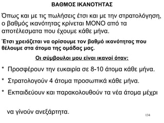 134
ΒΑΘΜΟΣ ΙΚΑΝΟΤΗΤΑΣ
Όπως και με τις πωλήσεις έτσι και με την στρατολόγηση,
ο βαθμός ικανότητας κρίνεται ΜΟΝΟ από τα
αποτέλεσματα που έχουμε κάθε μήνα.
Έτσι χρειάζεται να ορίσουμε τον βαθμό ικανότητας που
θέλουμε στα άτομα της ομάδας μας.
Οι σύμβουλοι μου είναι ικανοί όταν:
* Προσφέρουν την ευκαιρία σε 8-10 άτομα κάθε μήνα.
* Στρατολογούν 4 άτομα προσωπικά κάθε μήνα.
* Εκπαιδεύουν και παρακολουθούν τα νέα άτομα μέχρι
να γίνούν ανεξάρτητα.
 