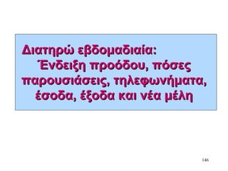 146
Διατηρώ εβδομαδιαία:Διατηρώ εβδομαδιαία:
Ένδειξη προόδου, πόσεςΈνδειξη προόδου, πόσες
παρουσιάσεις, τηλεφωνήματα,παρουσιάσεις, τηλεφωνήματα,
έσοδα, έξοδα και νέα μέληέσοδα, έξοδα και νέα μέλη
 