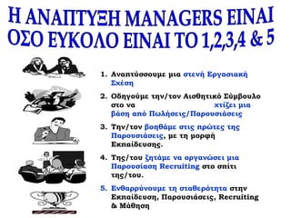 1. Αναπτύσσουμε μια στενή Εργασιακή
Σχέση
2. Οδηγούμε την/τον Αισθητικό Σύμβουλο
στο να χτίζει μια
βάση από Πωλήσεις/Παρουσιάσεις
3. Την/τον βοηθάμε στις πρώτες της
Παρουσιάσεις, με τη μορφή
Εκπαίδευσης.
4. Της/του ζητάμε να οργανώσει μια
Παρουσίαση Recruiting στο σπίτι
της/του.
5. Ενθαρρύνουμε τη σταθερότητα στην
Εκπαίδευση, Παρουσιάσεις, Recruiting
& Μάθηση
 