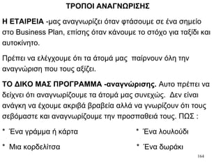 164
ΤΡΟΠΟΙ ΑΝΑΓΝΩΡΙΣΗΣ
Η ΕΤΑΙΡΕΙΑ -μας αναγνωρίζει όταν φτάσουμε σε ένα σημείο
στο Business Plan, επίσης όταν κάνουμε το στόχο για ταξίδι και
αυτοκίνητο.
Πρέπει να ελέγχουμε ότι τα άτομά μας παίρνουν όλη την
αναγνώριση που τους αξίζει.
ΤΟ ΔΙΚΟ ΜΑΣ ΠΡΟΓΡΑΜΜΑ -αναγνώρισης. Αυτο πρέπει να
δείχνει ότι αναγνωρίζουμε τα άτομά μας συνεχώς. Δεν είναι
ανάγκη να έχουμε ακριβά βραβεία αλλά να γνωρίζουν ότι τους
σεβόμαστε και αναγνωρίζουμε την προσπαθειά τους. ΠΩΣ :
* Ένα γράμμα ή κάρτα * Ένα λουλούδι
* Μια κορδελίτσα * Ένα δωράκι
 