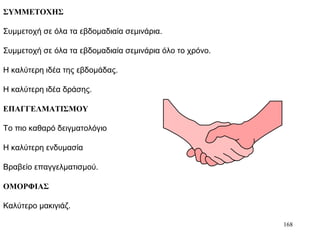 168
ΣΥΜΜΕΤΟΧΗΣ
Συμμετοχή σε όλα τα εβδομαδιαία σεμινάρια.
Συμμετοχή σε όλα τα εβδομαδιαία σεμινάρια όλο το χρόνο.
Η καλύτερη ιδέα της εβδομάδας.
Η καλύτερη ιδέα δράσης.
ΕΠΑΓΓΕΛΜΑΤΙΣΜΟΥ
Το πιο καθαρό δειγματολόγιο
Η καλύτερη ενδυμασία
Βραβείο επαγγελματισμού.
ΟΜΟΡΦΙΑΣ
Καλύτερο μακιγιάζ.
 