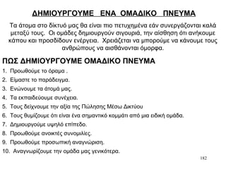 182
ΔΗΜΙΟΥΡΓΟΥΜΕ ΕΝΑ ΟΜΑΔΙΚΟ ΠΝΕΥΜΑ
Τα άτομα στο δίκτυό μας θα είναι πιο πετυχημένα εάν συνεργάζονται καλά
μεταξύ τους. Οι ομάδες δημιουργούν σιγουριά, την αίσθηση ότι ανήκουμε
κάπου και προσδίδουν ενέργεια. Χρειάζεται να μπορούμε να κάνουμε τους
ανθρώπους να αισθάνονται όμορφα.
ΠΩΣ ΔΗΜΙΟΥΡΓΟΥΜΕ ΟΜΑΔΙΚΟ ΠΝΕΥΜΑ
1. Προωθούμε το όραμα .
2. Είμαστε το παράδειγμα.
3. Ενώνουμε τα άτομά μας.
4. Τα εκπαιδεύουμε συνέχεια.
5. Τους δείχνουμε την αξία της Πώλησης Μέσω Δικτύου
6. Τους θυμίζουμε ότι είναι ένα σημαντικό κομμάτι από μια ειδική ομάδα.
7. Δημιουργούμε υψηλό επίπεδο.
8. Προωθούμε ανοικτές συνομιλίες.
9. Προωθούμε προσωπική αναγνώριση.
10. Αναγνωρίζουμε την ομάδα μας γενικότερα.
 