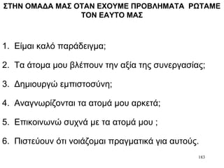 183
ΣΤΗΝ ΟΜΑΔΑ ΜΑΣ ΟΤΑΝ ΕΧΟΥΜΕ ΠΡΟΒΛΗΜΑΤΑ ΡΩΤΑΜΕ
ΤΟΝ ΕΑΥΤΟ ΜΑΣ
1. Είμαι καλό παράδειγμα;
2. Τα άτομα μου βλέπουν την αξία της συνεργασίας;
3. Δημιουργώ εμπιστοσύνη;
4. Αναγνωρίζονται τα ατομά μου αρκετά;
5. Επικοινωνώ συχνά με τα ατομά μου ;
6. Πιστεύουν ότι νοιάζομαι πραγματικά για αυτούς.
 