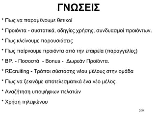200
ΓΝΩΣΕΙΣ
* Πως να παραμένουμε θετικοί
* Προιόντα - συστατικά, οδηγίες χρήσης, συνδυασμοί προιόντων.
* Πως κλείνουμε παρουσιάσεις
* Πως παίρνουμε προιόντα από την εταιρεία (παραγγελίες)
* BP. - Ποσοστά - Βοnus - Δωρεάν Προϊόντα.
* REcruiting - Τρόποι σύστασης νέου μέλους στην ομάδα
* Πως να ξεκινάμε αποτελεσματικά ένα νέο μέλος.
* Αναζήτηση υποψήφιων πελατών
* Χρήση τηλεφώνου
 